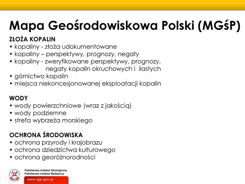 miejsca niekoncesjonowanej eksploatacji kopalin WODY wody powierzchniowe (wraz z jakością) wody podziemne strefa