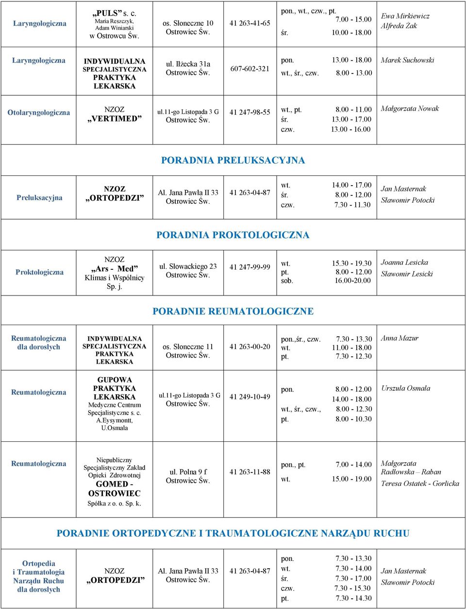 00 Małgorzata Nowak PORADNIA PRELUKSACYJNA Preluksacyjna wt. 14.00-17.00 śr. 8.00-12.00 czw. 7.30-11.30 PORADNIA PROKTOLOGICZNA Proktologiczna 41 247-99-99 wt. 15.30-19.30 pt. 8.00-12.00 sob. 16.