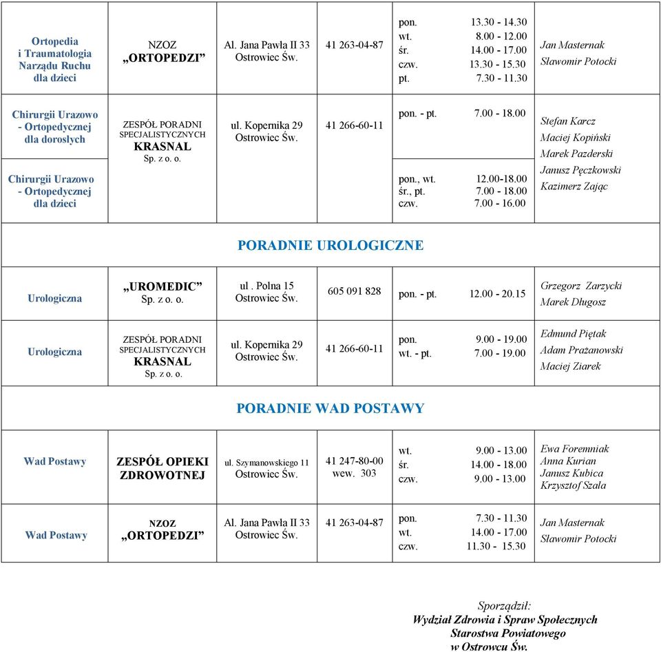 00 Stefan Karcz Maciej Kopiński Marek Pazderski Janusz Pęczkowski Kazimerz Zając PORADNIE UROLOGICZNE Urologiczna UROMEDIC ul. Polna 15 605 091 828 pon. - pt. 12.00-20.