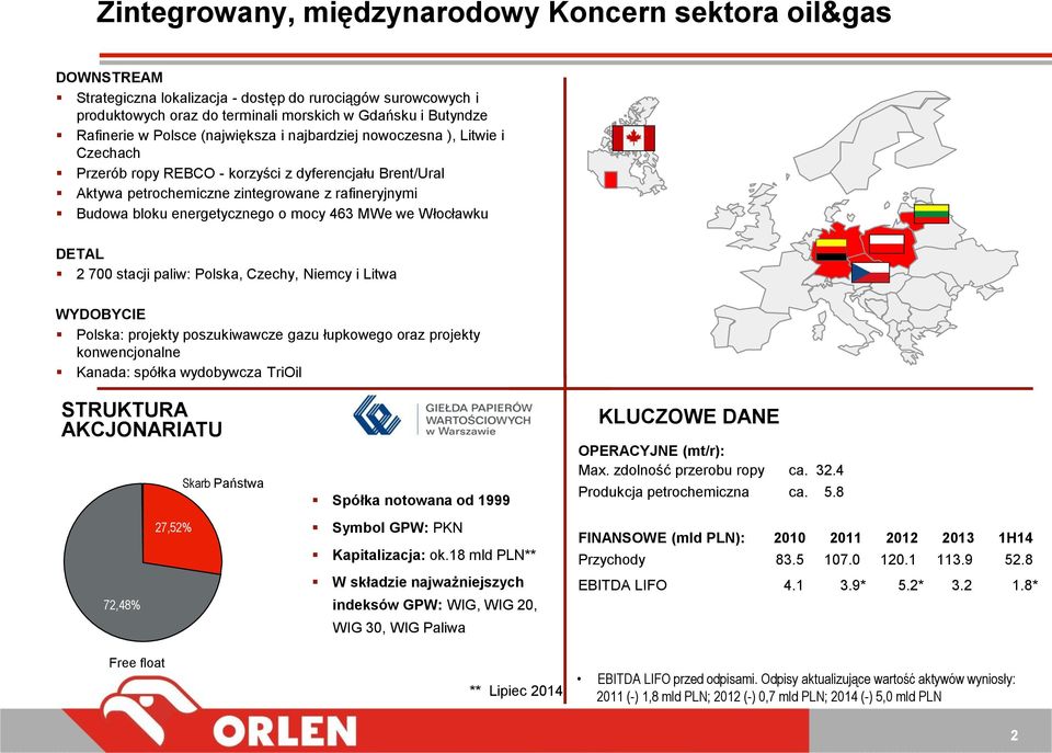 o mocy 463 MWe we Włocławku DETAL 2 7 stacji paliw: Polska, Czechy, Niemcy i Litwa WYDOBYCIE Polska: projekty poszukiwawcze gazu łupkowego oraz projekty konwencjonalne Kanada: spółka wydobywcza