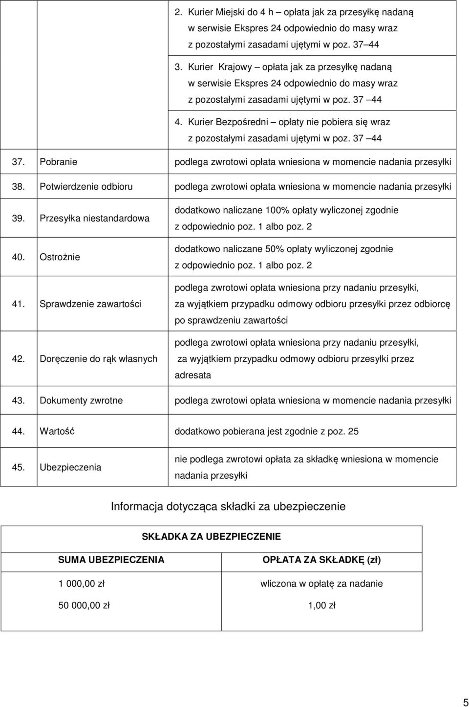 Kurier Bezpośredni opłaty nie pobiera się wraz z pozostałymi zasadami ujętymi w poz. 37 44 37. Pobranie podlega zwrotowi opłata wniesiona w momencie nadania przesyłki 38.