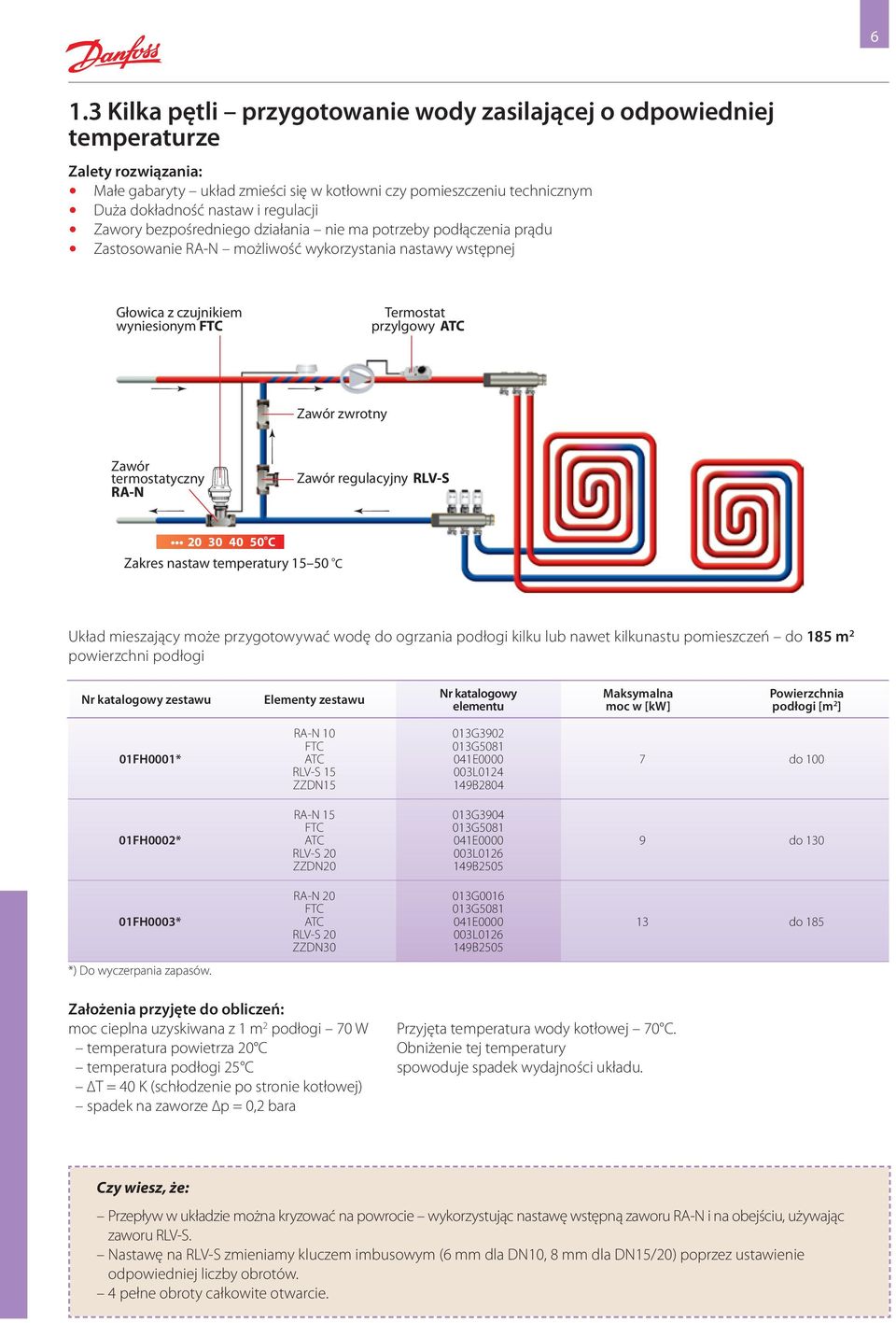 Zawór zwrotny Zawór termostatyczny RA-N Zawór regulacyjny RLV-S o 20 30 40 50 C Zakres nastaw temperatury 15 50 o C Układ mieszający może przygotowywać wodę do ogrzania podłogi kilku lub nawet