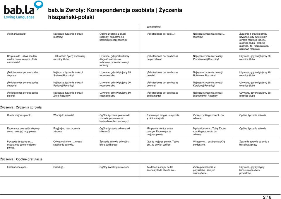 Używane, gdy podkreślamy długość małżeństwa składamy życzenia z okazji rocznicy de porcelana! Porcelanowej Rocznicy! Używane, gdy świętujemy 20. de plata! Srebrnej Rocznicy!