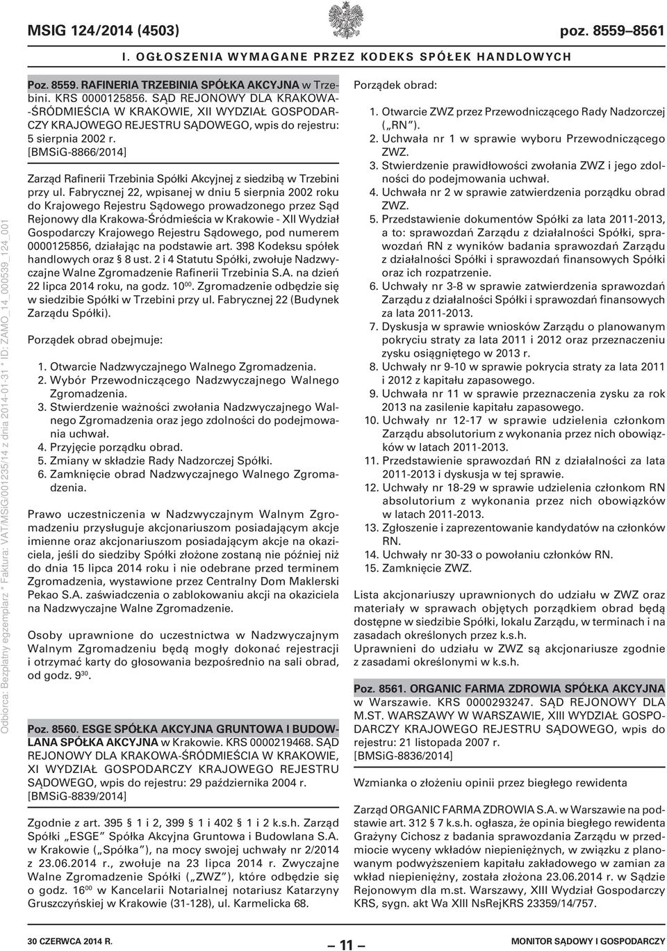 [BMSiG-8866/2014] Zarząd Rafinerii Trzebinia Spółki Akcyjnej z siedzibą w Trzebini przy ul.