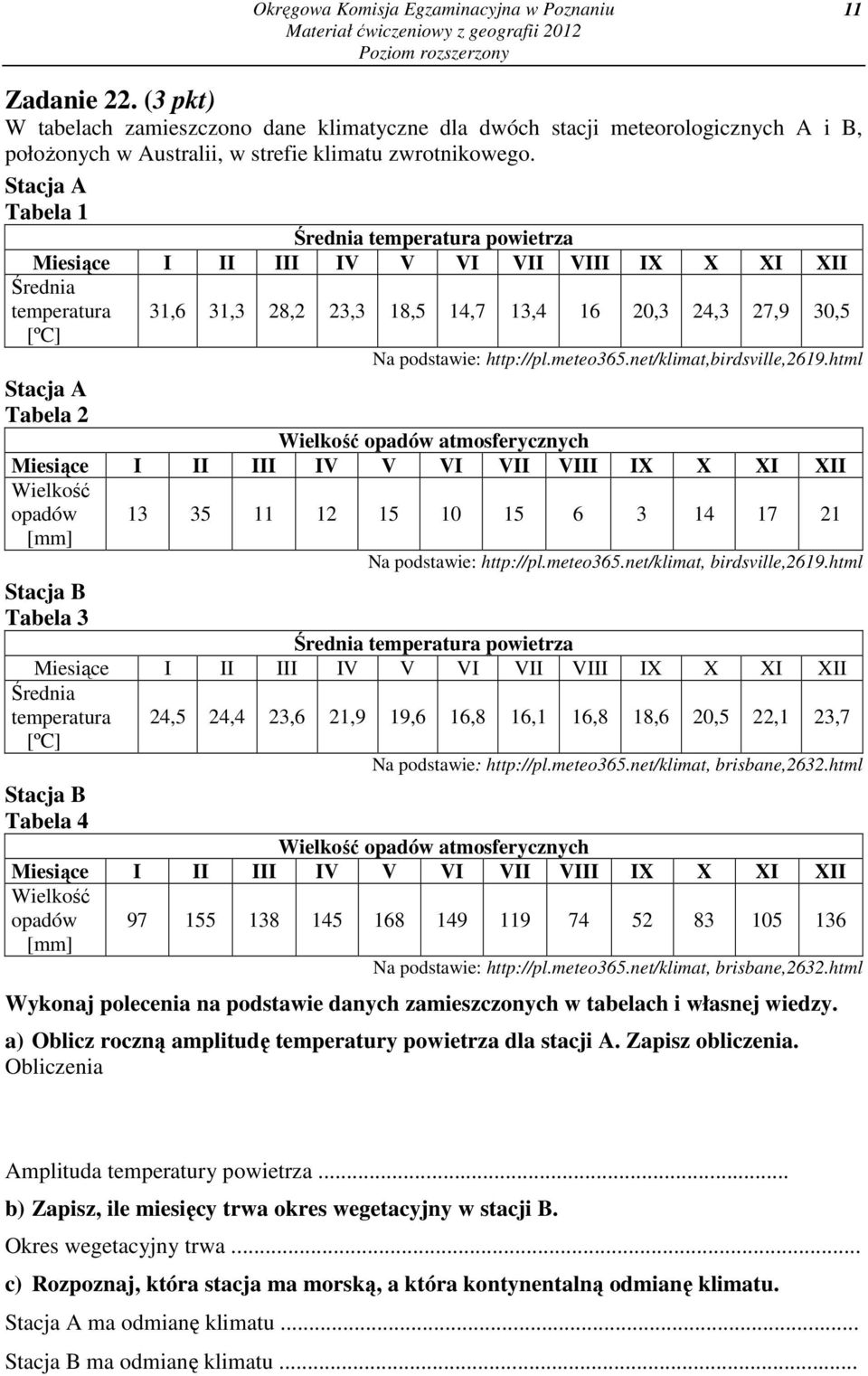 Stacja A Tabela 1 Średnia temperatura powietrza Miesiące I II III IV V VI VII VIII IX X XI XII Średnia temperatura [ºC] Stacja A Tabela 2 31,6 31,3 28,2 23,3 18,5 14,7 13,4 16 20,3 24,3 27,9 30,5 Na
