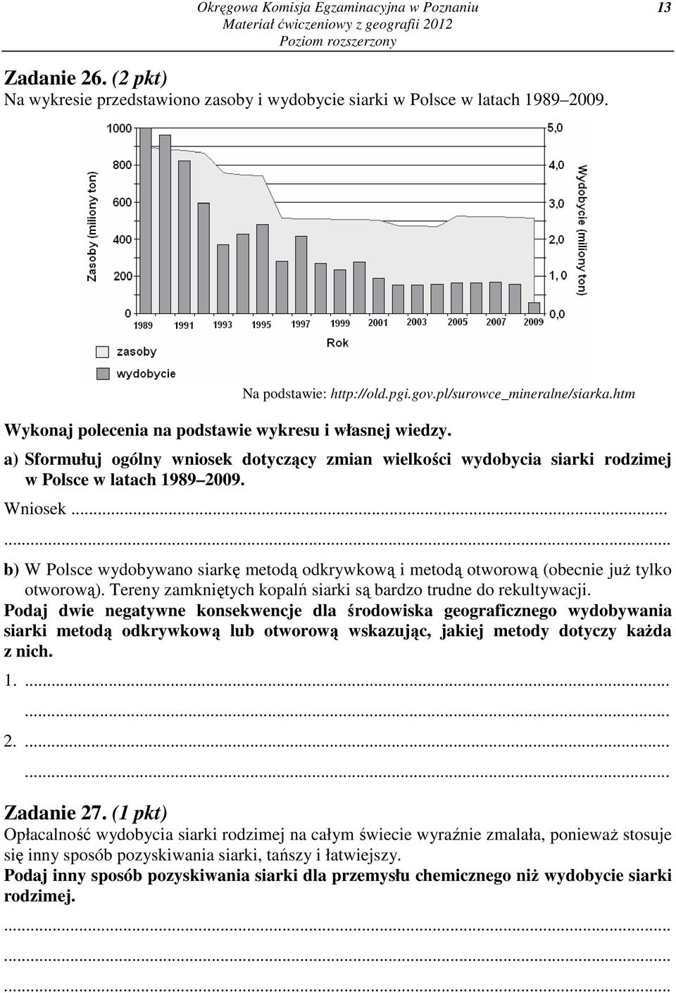 Wniosek... b) W Polsce wydobywano siarkę metodą odkrywkową i metodą otworową (obecnie już tylko otworową). Tereny zamkniętych kopalń siarki są bardzo trudne do rekultywacji.