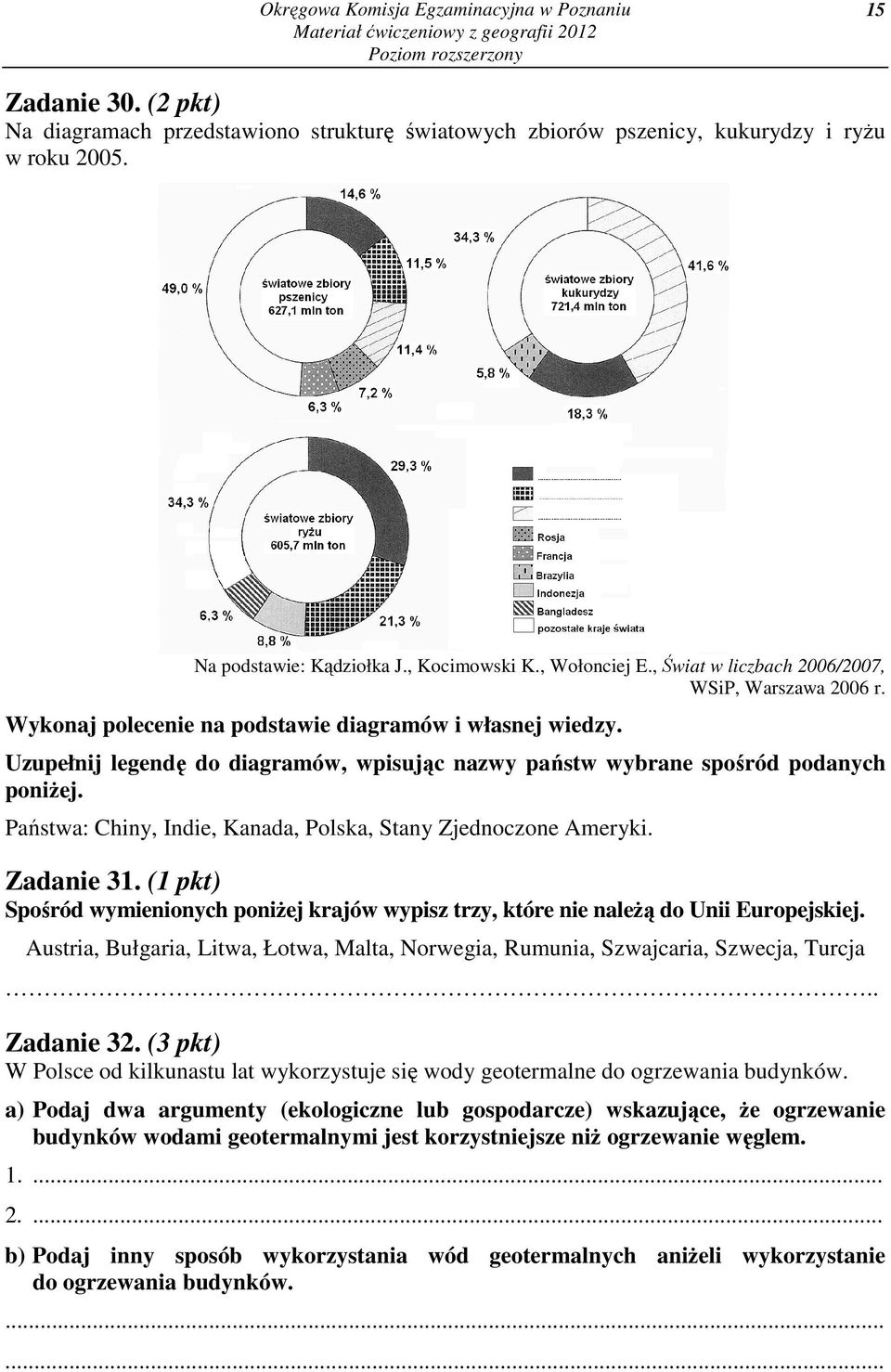 Uzupełnij legendę do diagramów, wpisując nazwy państw wybrane spośród podanych poniżej. Państwa: Chiny, Indie, Kanada, Polska, Stany Zjednoczone Ameryki. Zadanie 31.