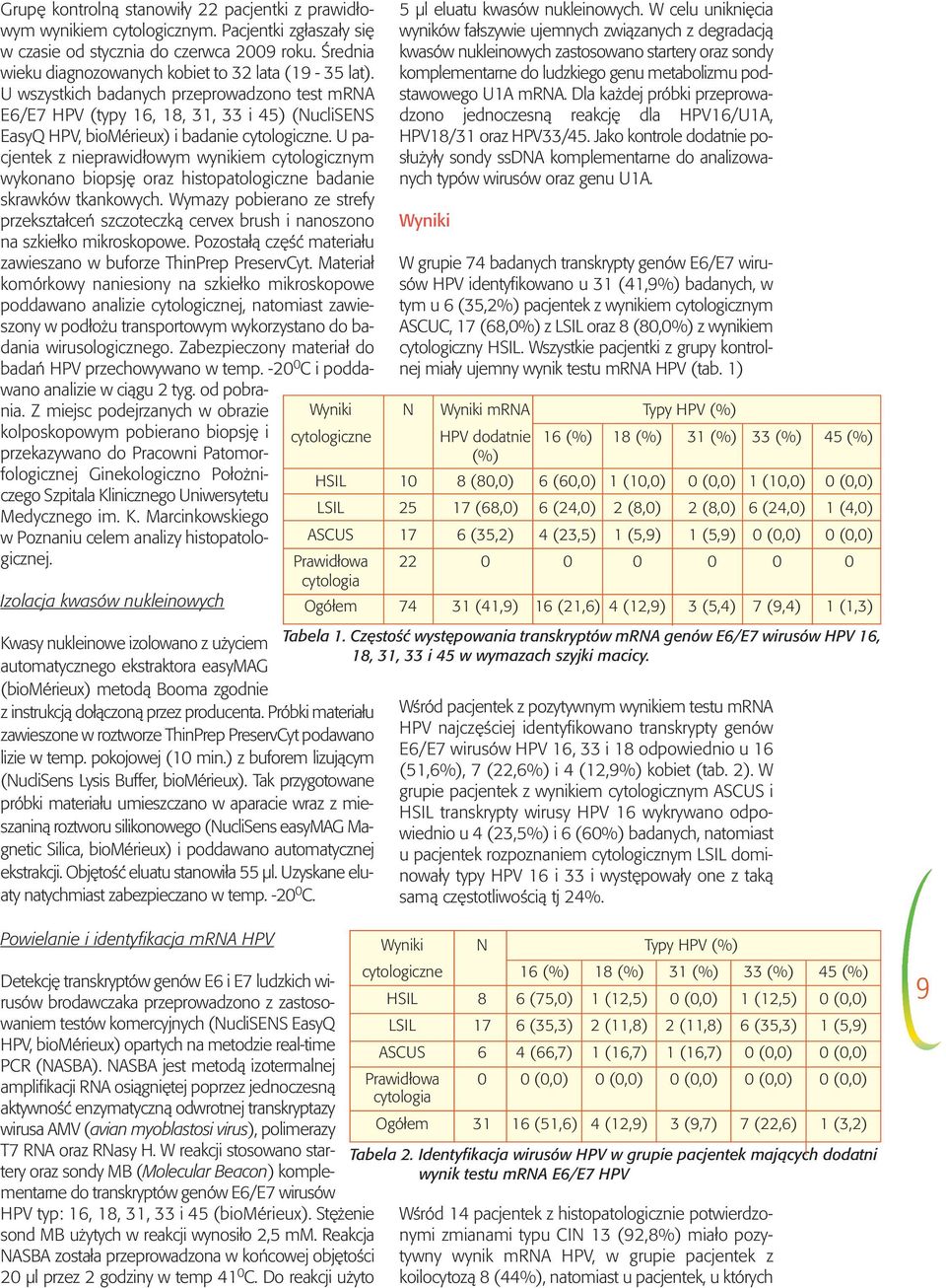 U wszystkich badanych przeprowadzono test mrna E6/E7 HPV (typy 16, 18, 31, 33 i 45) (NucliSENS EasyQ HPV, biomérieux) i badanie cytologiczne.