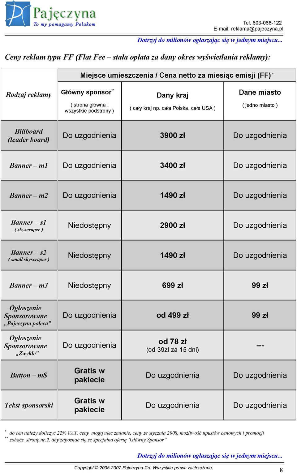 cała Polska, całe USA ) Dane miasto ( jedno miasto ) Billboard (leader board) Do uzgodnienia 3900 zł Do uzgodnienia Banner m1 Do uzgodnienia 3400 zł Do uzgodnienia Banner m2 Do uzgodnienia 1490 zł Do