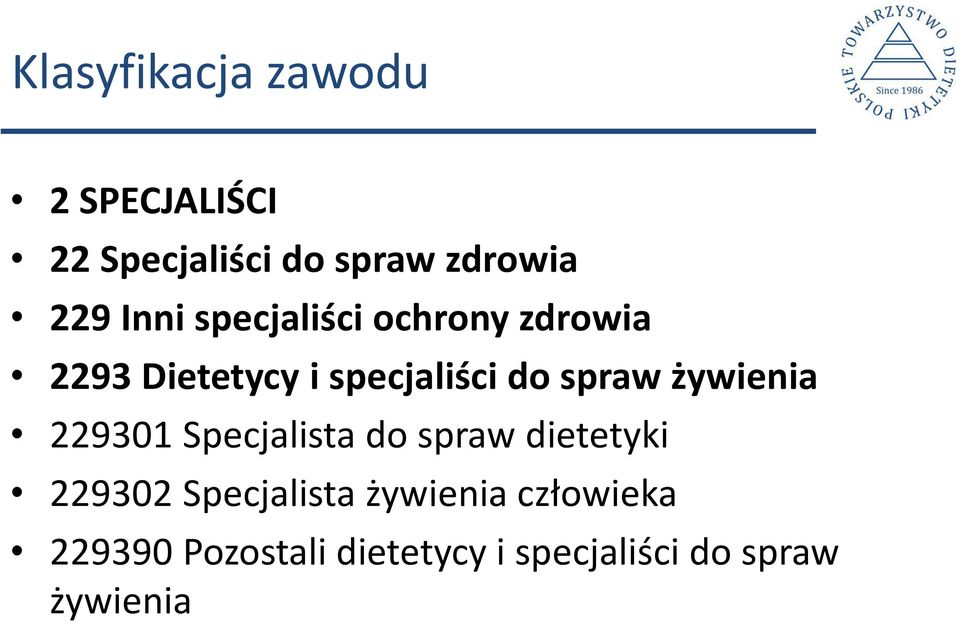 żywienia 229301 Specjalista do spraw dietetyki 229302 Specjalista