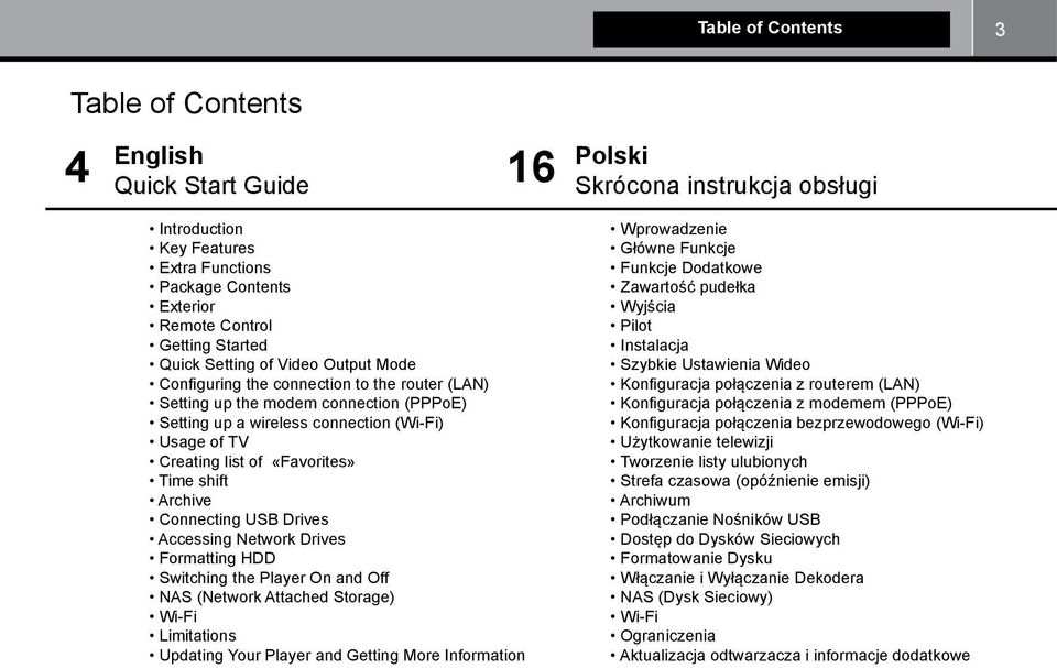 «Favorites» Time shift Archive Connecting USB Drives Accessing Network Drives Formatting HDD Switching the Player On and Off NAS (Network Attached Storage) Wi-Fi Limitations Updating Your Player and