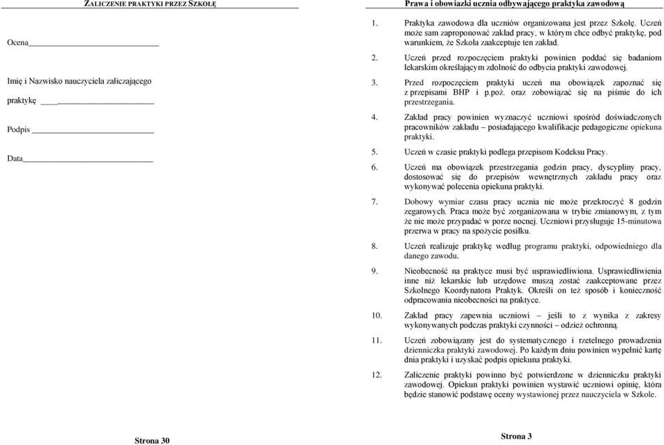 Uczeń przed rozpoczęciem praktyki powinien poddać się badaniom lekarskim określającym zdolność do odbycia praktyki zawodowej. 3.