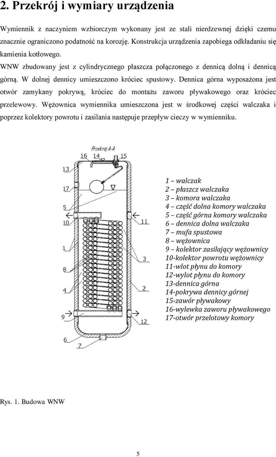 W dolnej dennicy umieszczono króciec spustowy. Dennica górna wyposażona jest otwór zamykany pokrywą, króciec do montażu zaworu pływakowego oraz króciec przelewowy.