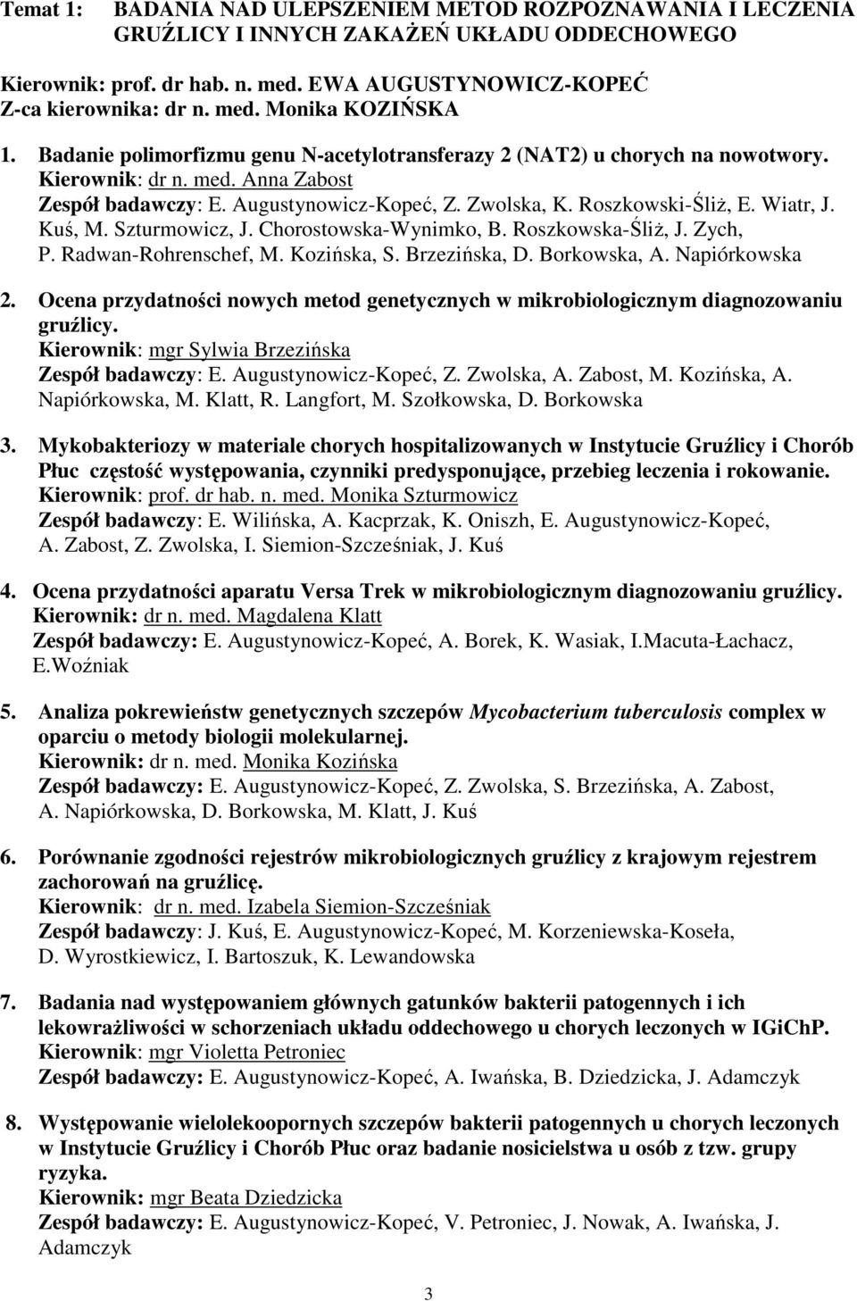 Kuś, M. Szturmowicz, J. Chorostowska-Wynimko, B. Roszkowska-ŚliŜ, J. Zych, P. Radwan-Rohrenschef, M. Kozińska, S. Brzezińska, D. Borkowska, A. Napiórkowska 2.