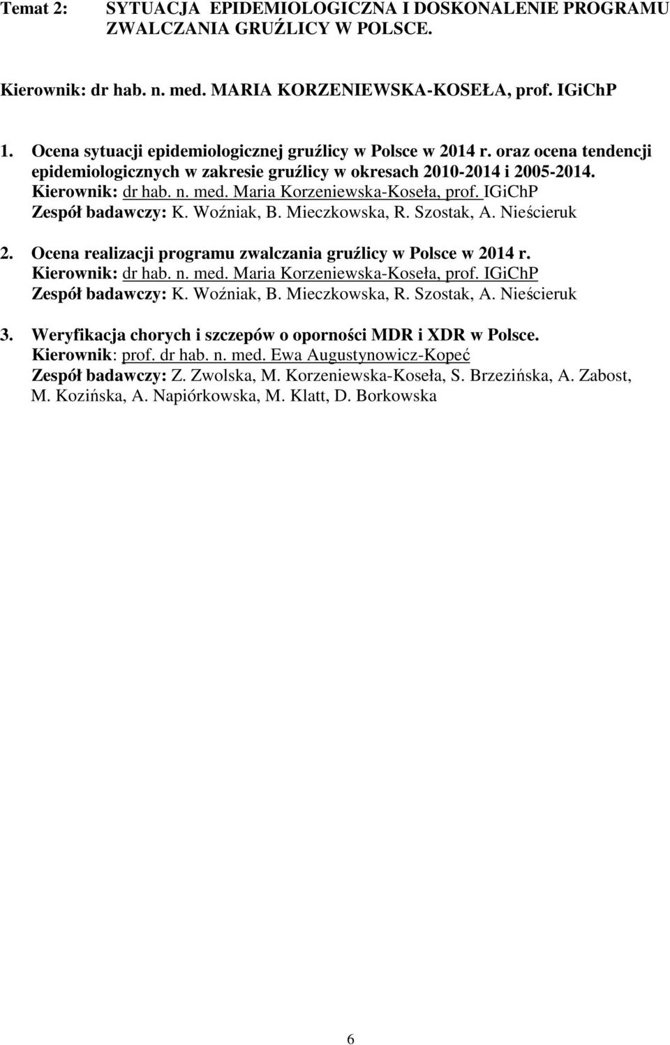 Maria Korzeniewska-Koseła, prof. IGiChP Zespół badawczy: K. Woźniak, B. Mieczkowska, R. Szostak, A. Nieścieruk 2. Ocena realizacji programu zwalczania gruźlicy w Polsce w 2014 r. Kierownik: dr hab. n.