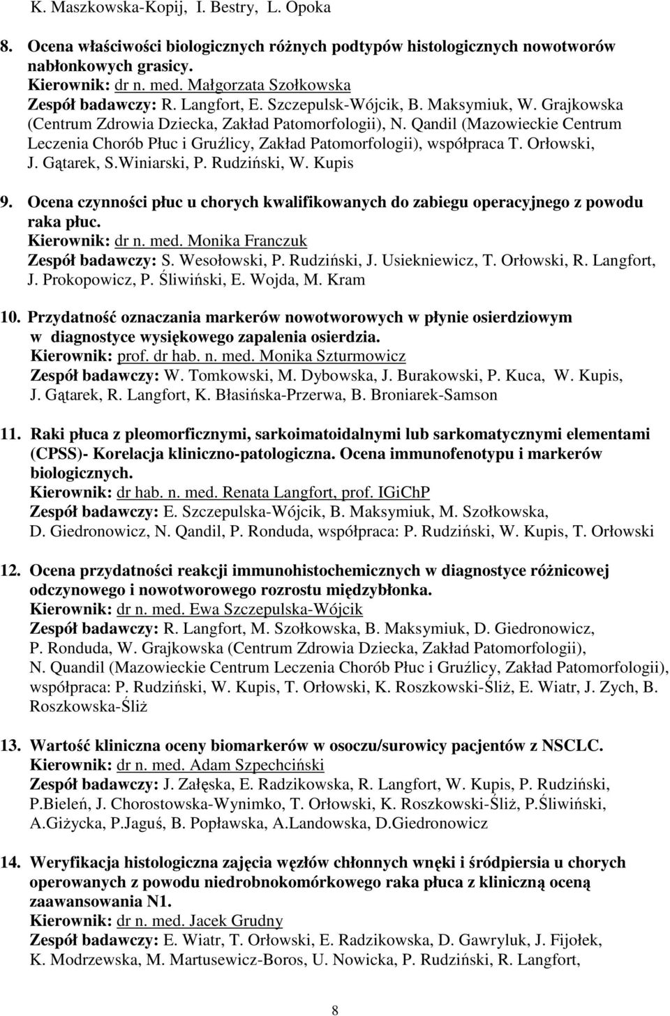 Qandil (Mazowieckie Centrum Leczenia Chorób Płuc i Gruźlicy, Zakład Patomorfologii), współpraca T. Orłowski, J. Gątarek, S.Winiarski, P. Rudziński, W. Kupis 9.