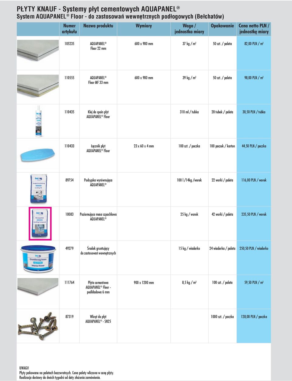 / paleta 98,00 PLN / m 2 110435 Klej do spoin płyt AQUAPANEL Floor 310 ml / tubka 20 tubek / paleta 30,50 PLN / tubka 110433 Łącznik płyt AQUAPANEL Floor 23 x 60 x 4 mm 100 paczek / karton 44,50 PLN