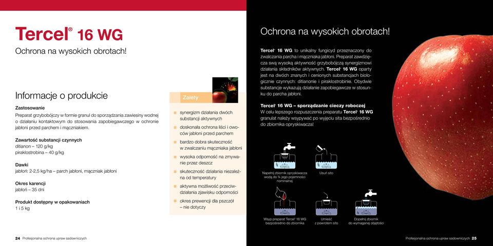synergizm działania dwóch substancji aktywnych doskonała ochrona liści i owoców jabłoni przed parchem bardzo dobra skuteczność w zwalczaniu mączniaka jabłoni wysoka odporność na zmywanie przez deszcz