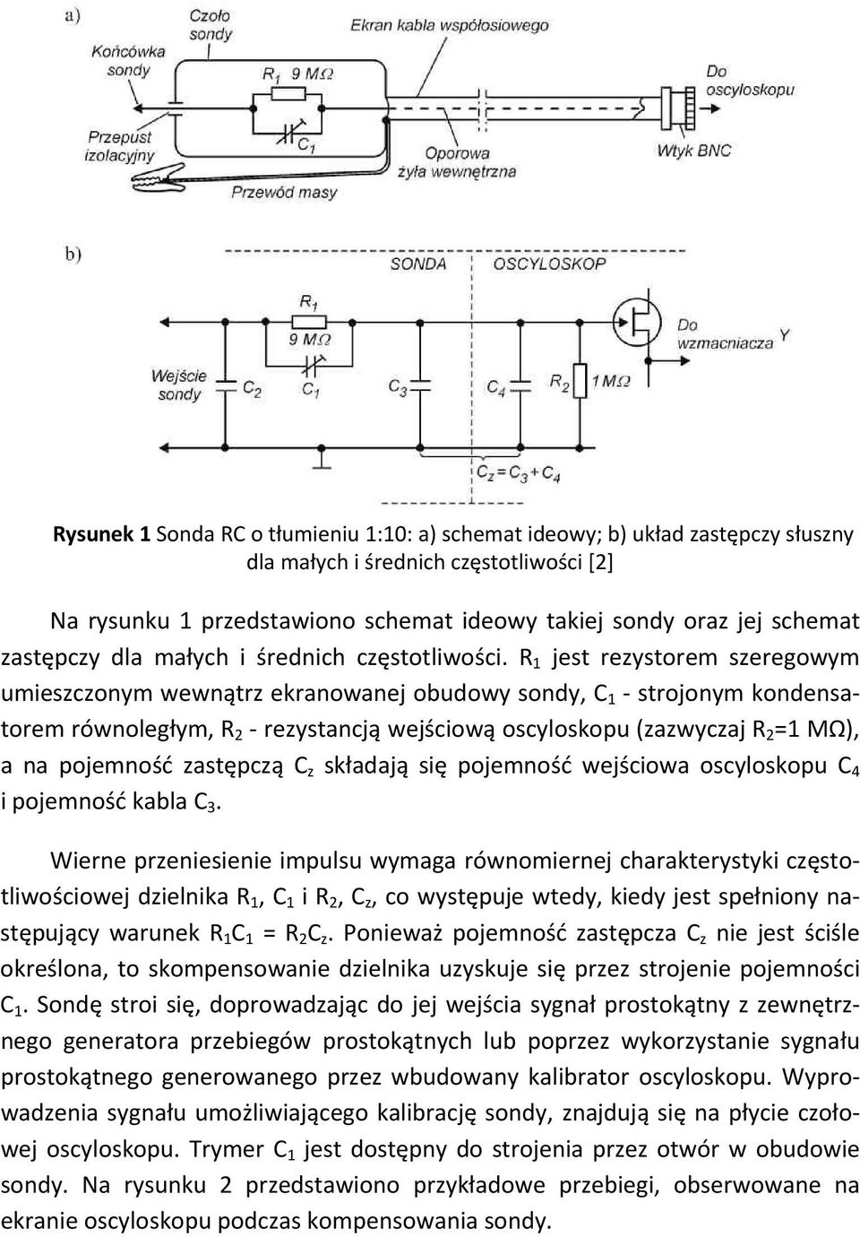 R 1 jest rezystorem szeregowym umieszczonym wewnątrz ekranowanej obudowy sondy, C 1 strojonym kondensatorem równoległym, R 2 rezystancją wejściową oscyloskopu (zazwyczaj R 2 =1 MΩ), a na pojemność