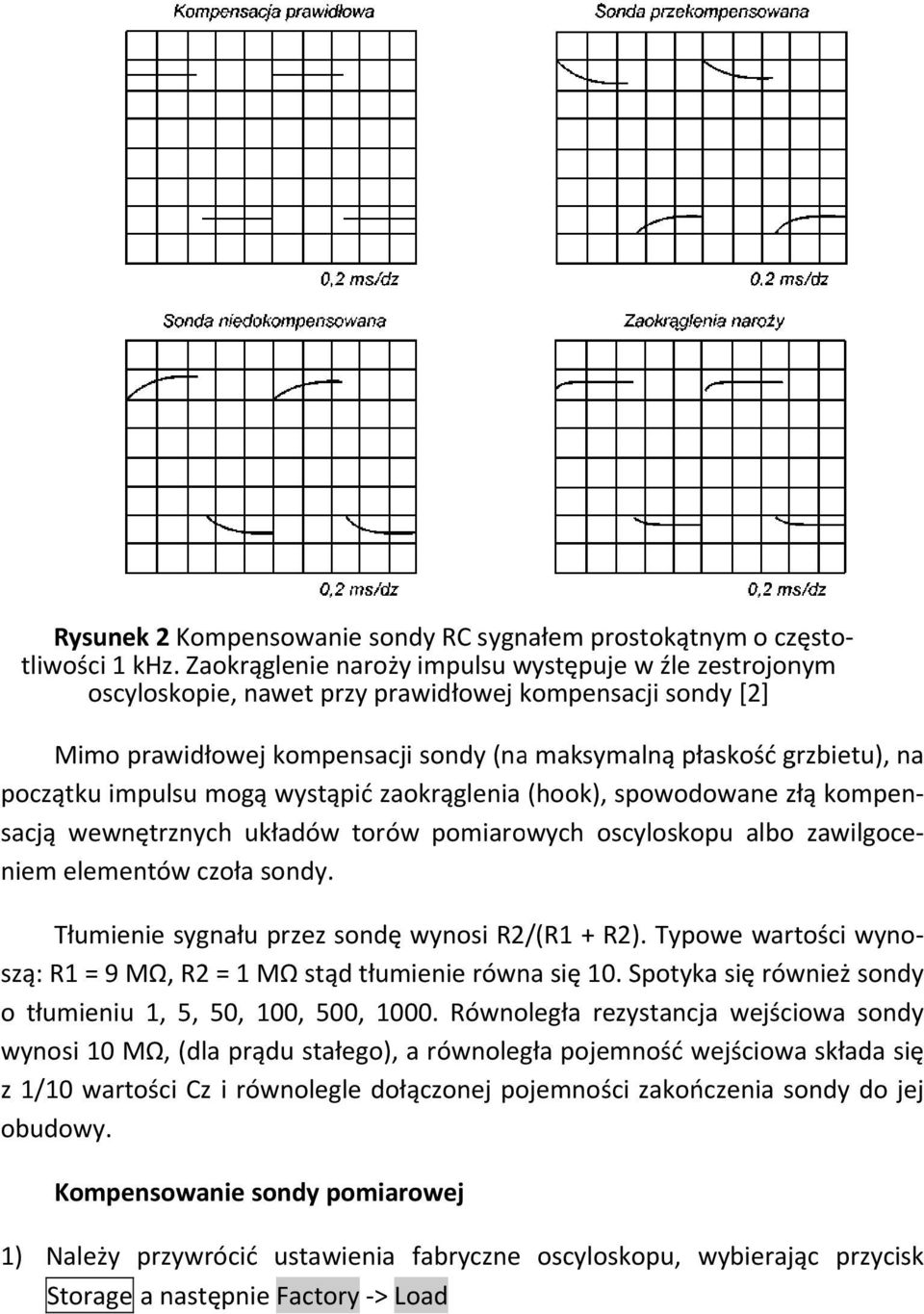 złą kompen sacją wewnętrznych układów torów pomiarowych oscyloskopu albo zawilgoce niem elementów czoła sondy. Tłumienie sygnału przez sondęę wynosi R2/(R1 + R2).