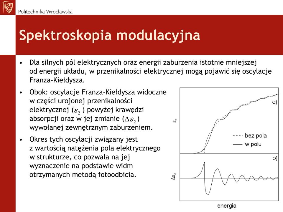 Obok: oscylacje Franza-Kiełdysza widoczne w części urojonej przenikalności elektrycznej ( 2 ) powyżej krawędzi absorpcji oraz w