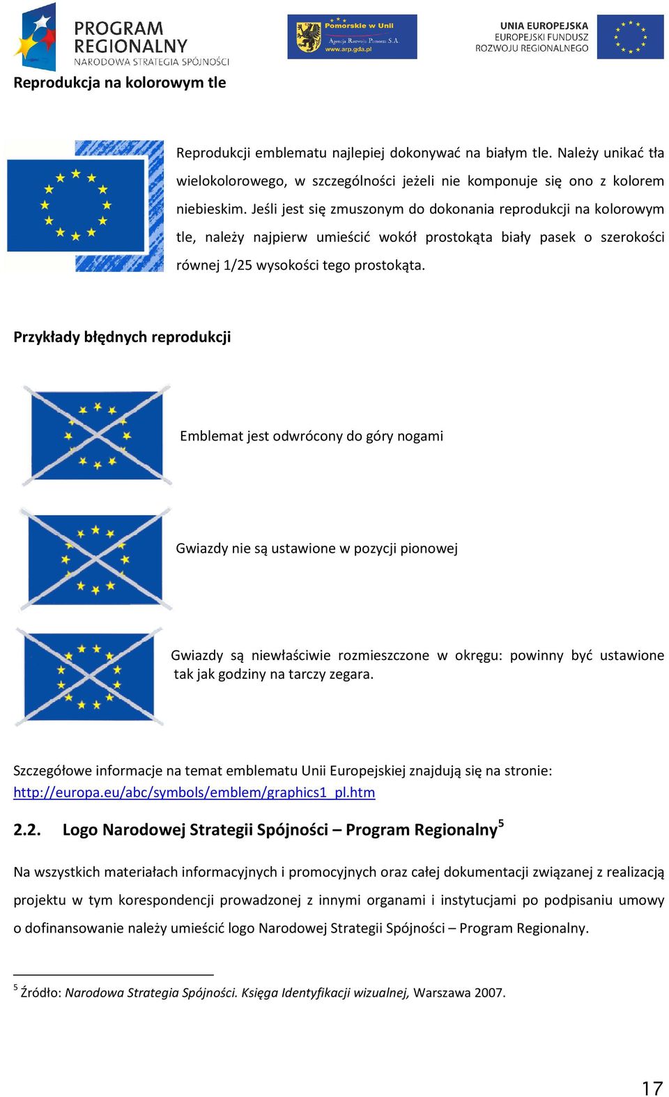 Przykłady błędnych reprodukcji Emblemat jest odwrócony do góry nogami Gwiazdy nie są ustawione w pozycji pionowej Gwiazdy są niewłaściwie rozmieszczone w okręgu: powinny być ustawione tak jak godziny