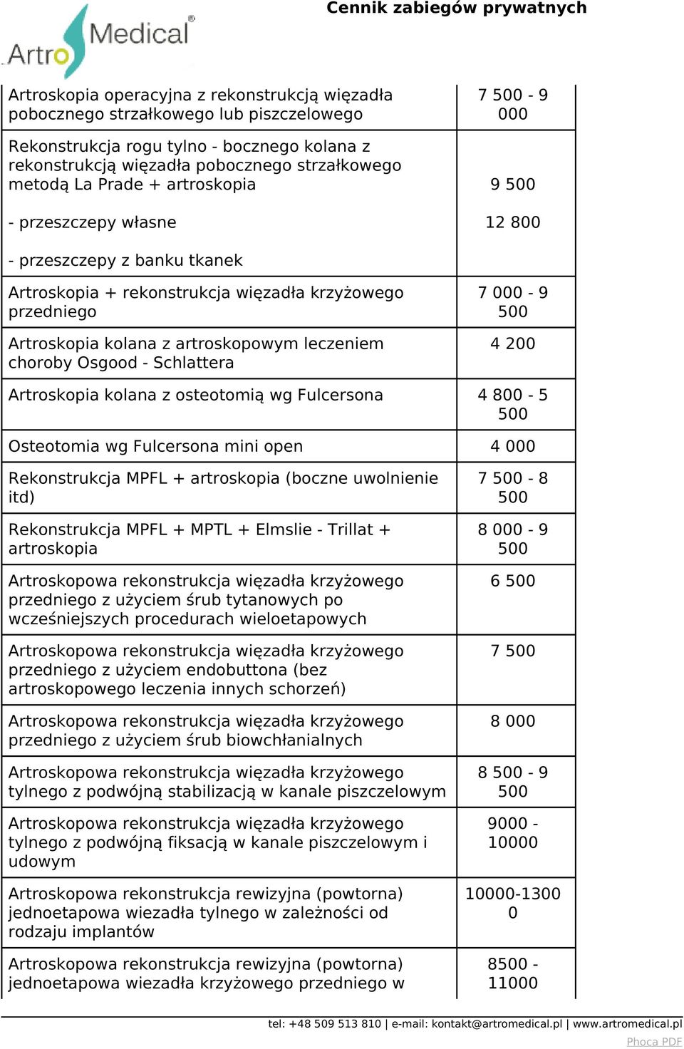 Schlattera 7-9 4 200 Artroskopia kolana z osteotomią wg Fulcersona 4-5 Osteotomia wg Fulcersona mini open 4 Rekonstrukcja MPFL + artroskopia (boczne uwolnienie itd) Rekonstrukcja MPFL + MPTL +