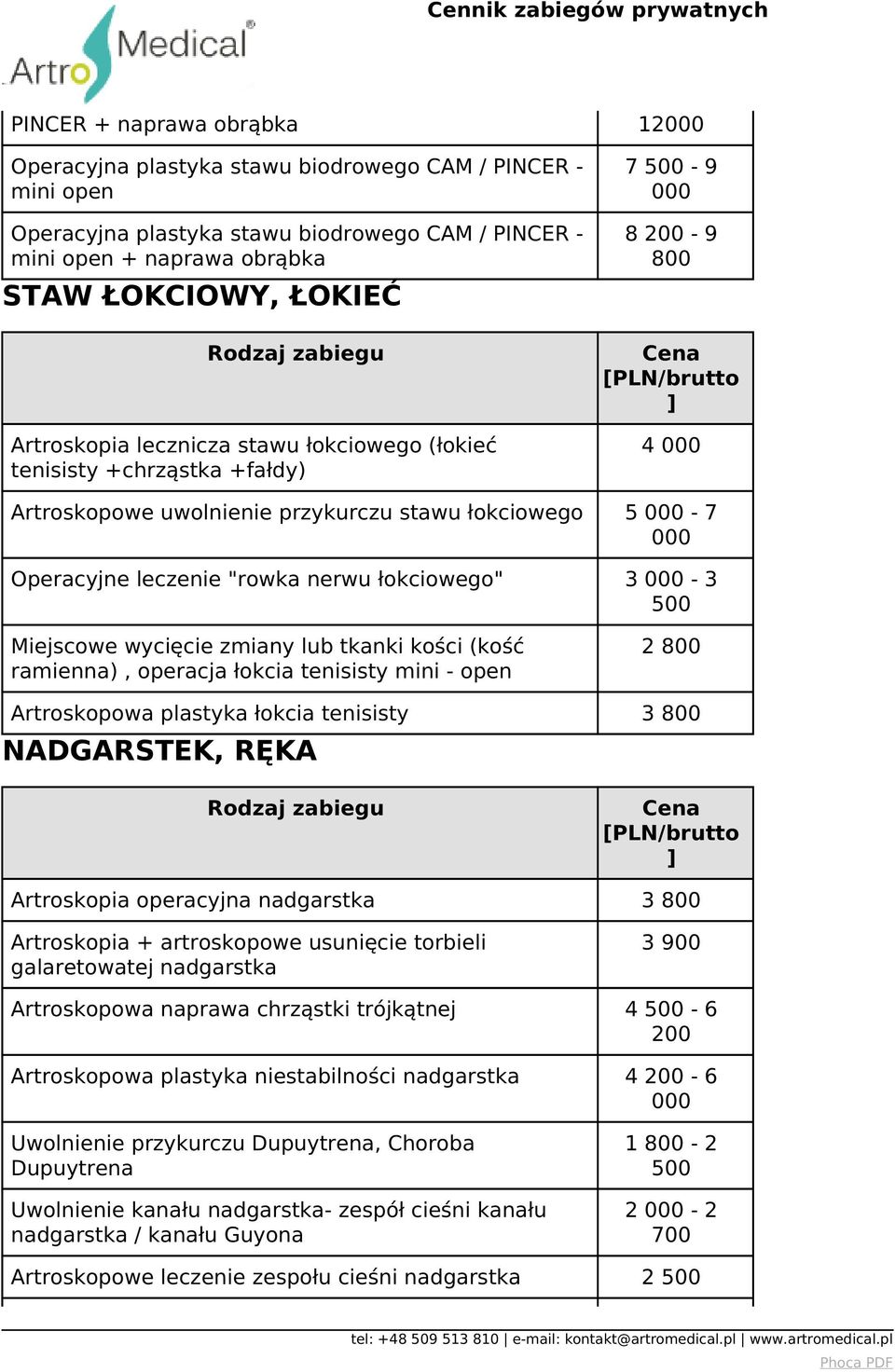 Miejscowe wycięcie zmiany lub tkanki kości (kość ramienna), operacja łokcia tenisisty mini - open 2 Artroskopowa plastyka łokcia tenisisty 3 NADGARSTEK, RĘKA Artroskopia operacyjna nadgarstka 3