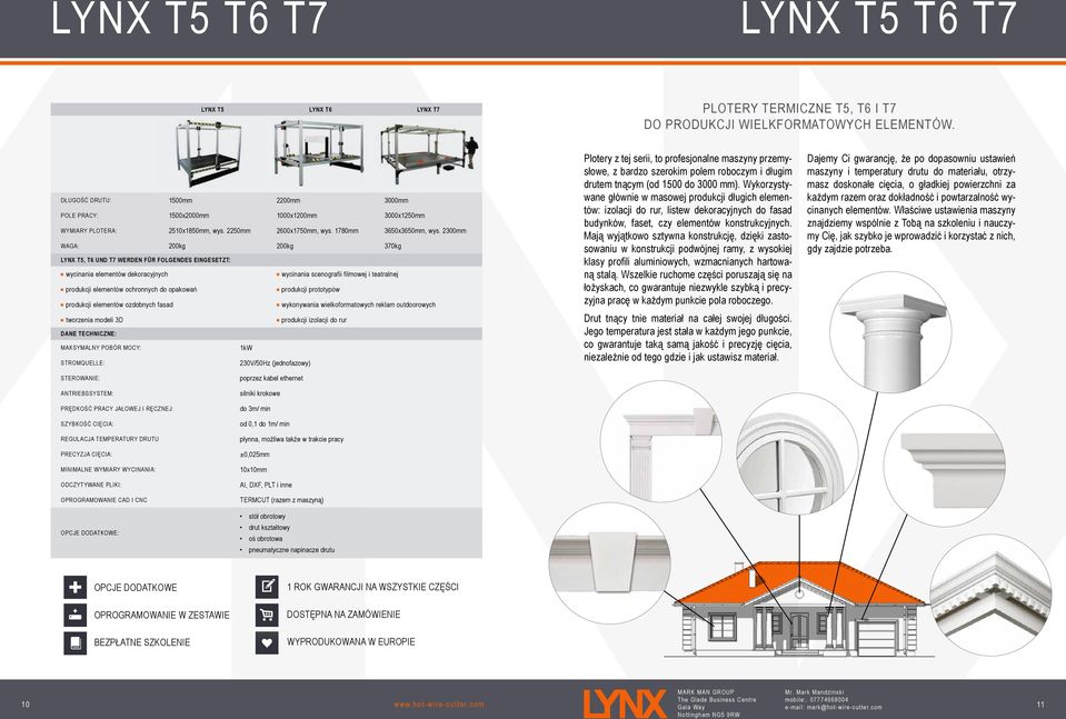 2300mm WAGA: 200kg 200kg 370kg LYNX T5, T6 UND T7 WERDEN FÜR FOLGENDES EINGESETZT: wycinania elementów dekoracyjnych produkcji elementów ochronnych do opakowań produkcji elementów ozdobnych fasad