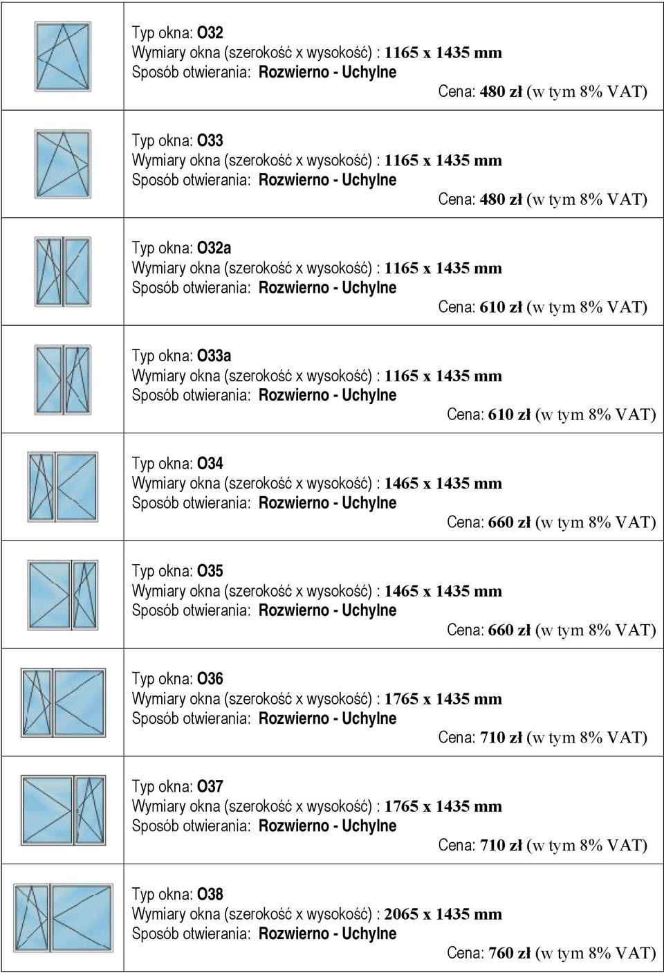 (szerokość x wysokość) : 1465 x 1435 mm Typ okna: O36 Wymiary okna (szerokość x wysokość) : 1765 x 1435 mm Typ okna: O37 Wymiary