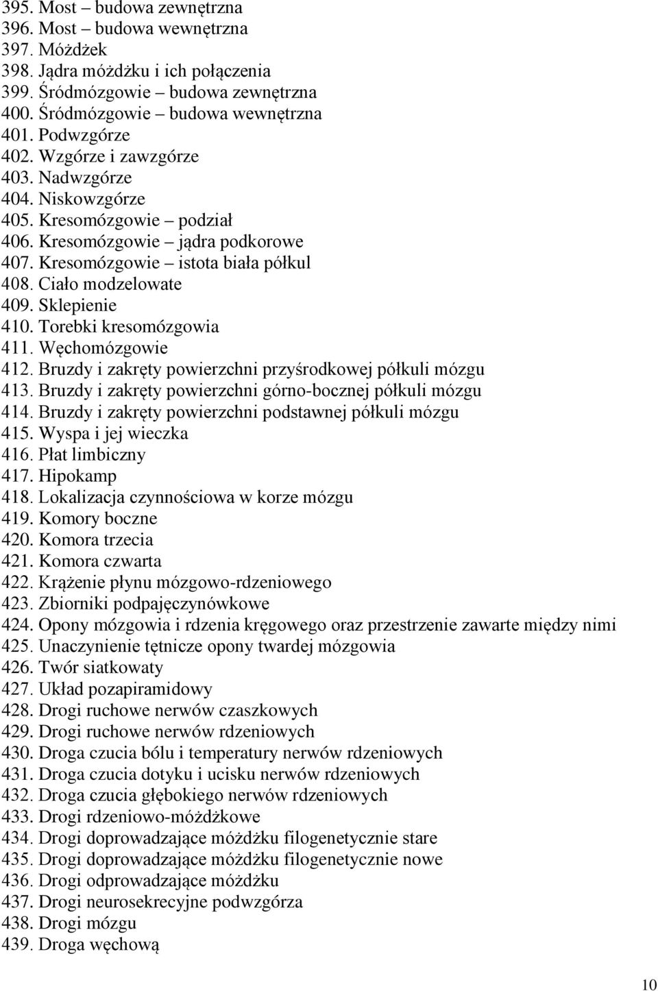 Torebki kresomózgowia 411. Węchomózgowie 412. Bruzdy i zakręty powierzchni przyśrodkowej półkuli mózgu 413. Bruzdy i zakręty powierzchni górno-bocznej półkuli mózgu 414.