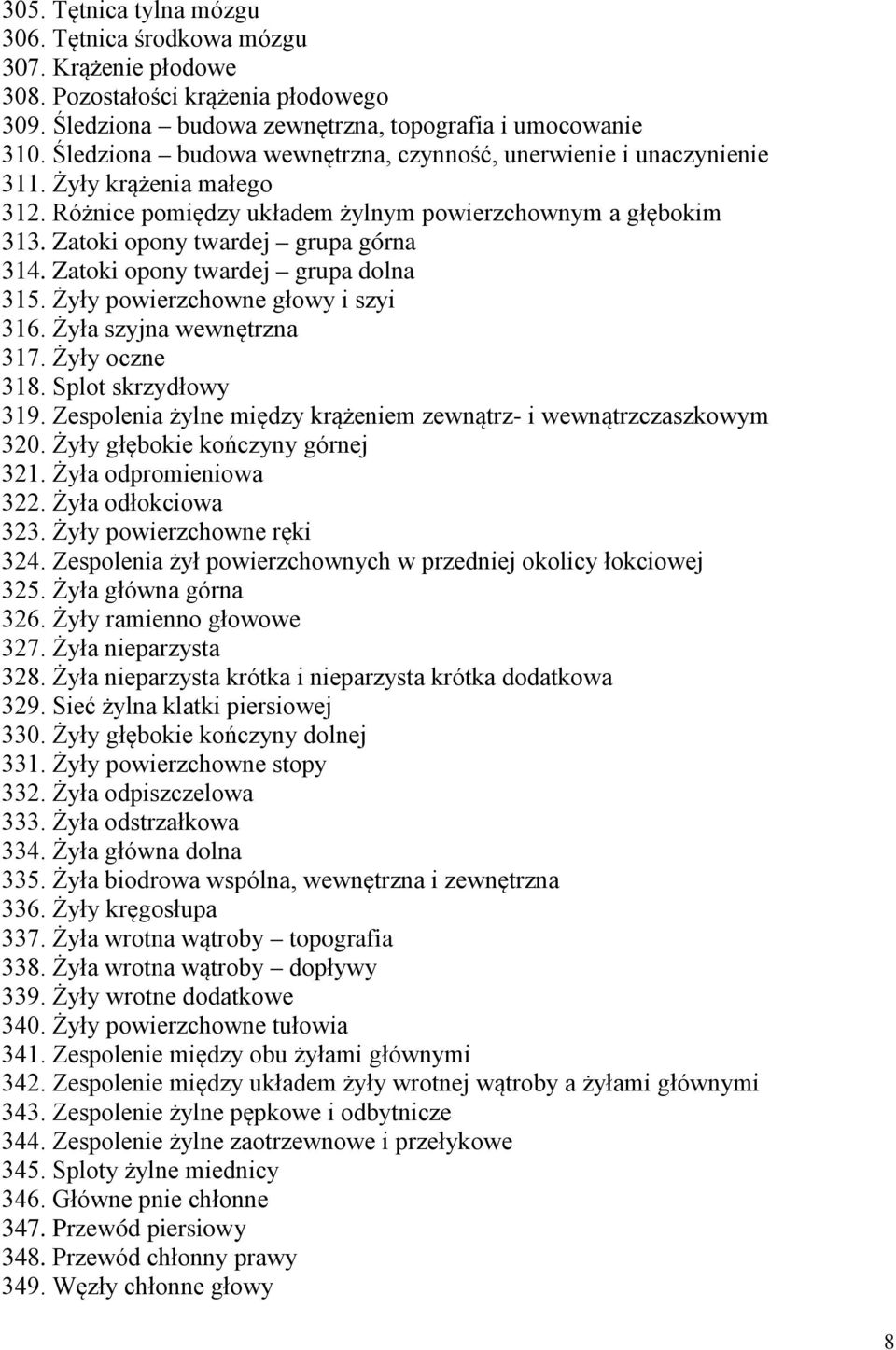 Zatoki opony twardej grupa dolna 315. Żyły powierzchowne głowy i szyi 316. Żyła szyjna wewnętrzna 317. Żyły oczne 318. Splot skrzydłowy 319.