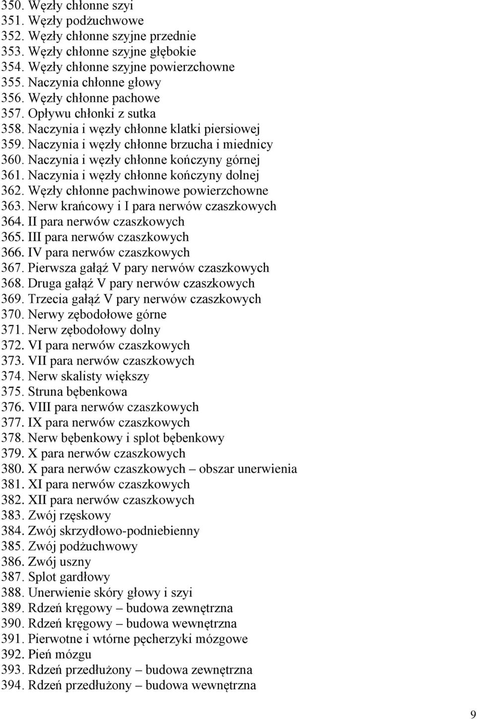 Naczynia i węzły chłonne kończyny dolnej 362. Węzły chłonne pachwinowe powierzchowne 363. Nerw krańcowy i I para nerwów czaszkowych 364. II para nerwów czaszkowych 365.