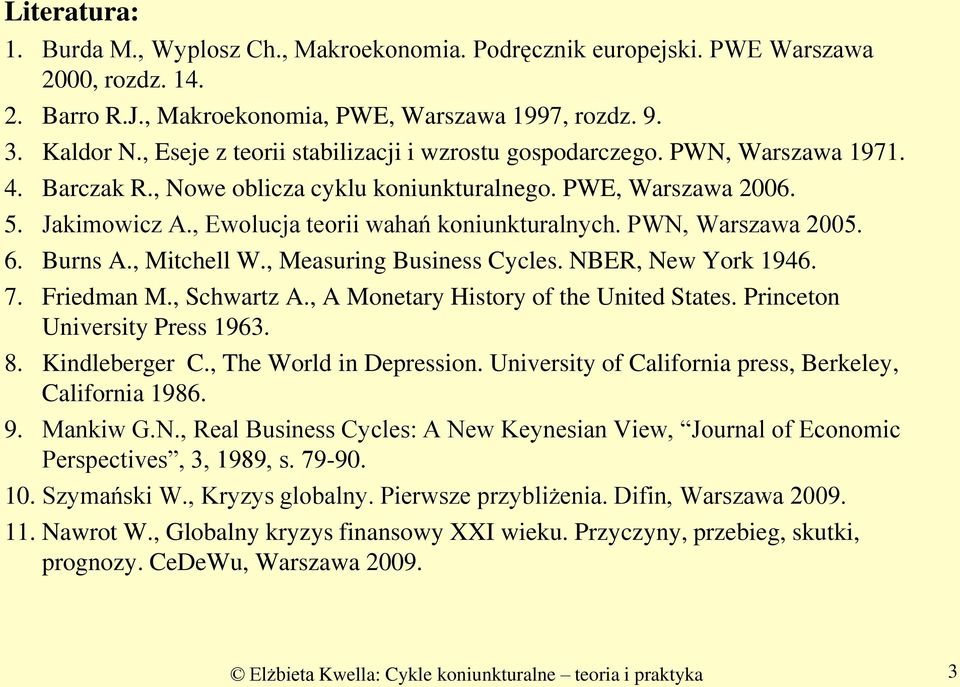 , Ewolucja teorii wahań koniunkturalnych. PWN, Warszawa 2005. 6. Burns A., Mitchell W., Measuring Business Cycles. NBER, New York 1946. 7. Friedman M., Schwartz A.