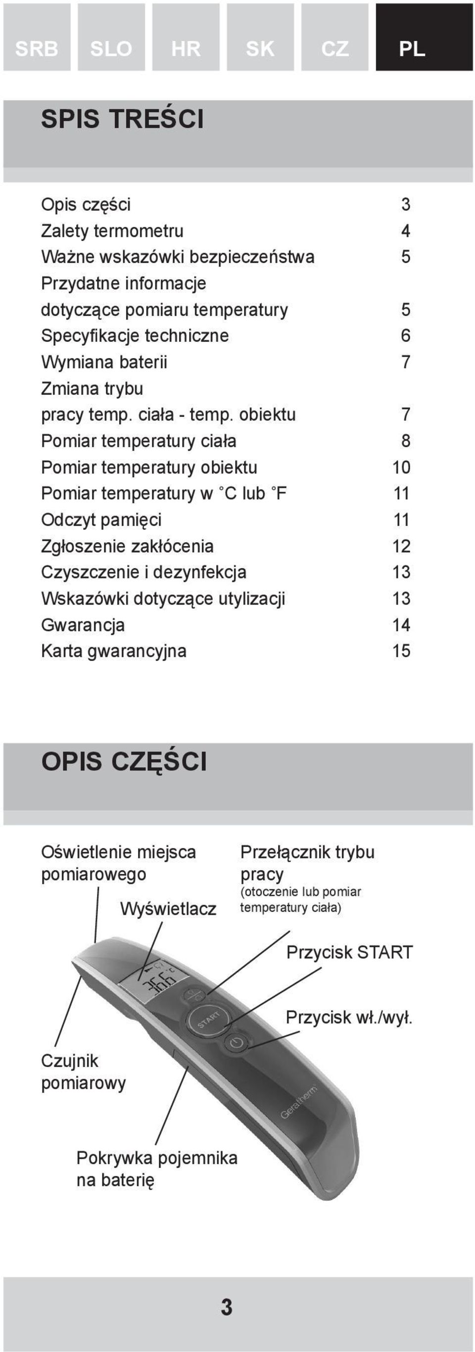 obiektu 7 Pomiar temperatury ciała 8 Pomiar temperatury obiektu 10 Pomiar temperatury w C lub F 11 Odczyt pamięci 11 Zgłoszenie zakłócenia 12 Czyszczenie i dezynfekcja