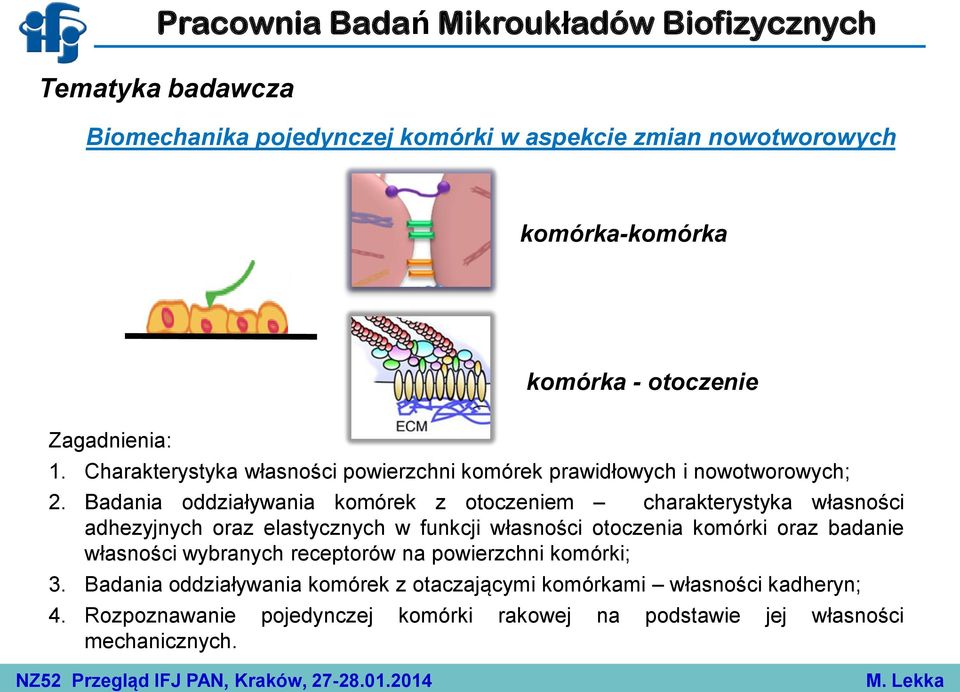 Badania oddziaływania komórek z otoczeniem charakterystyka własności adhezyjnych oraz elastycznych w funkcji własności otoczenia komórki oraz badanie