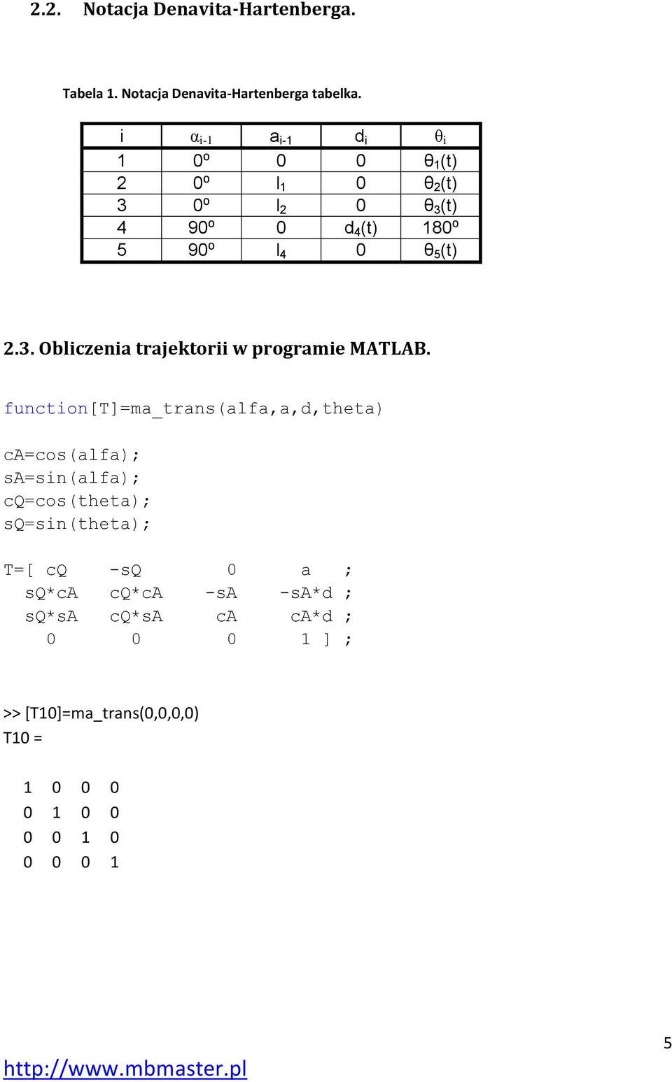 . Obliczenia trajektorii w programie MATAB.