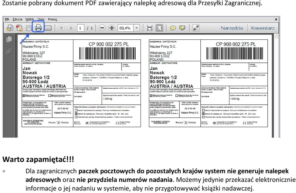 !! Dla zagranicznych paczek pocztowych do pozostałych krajów system nie generuje nalepek
