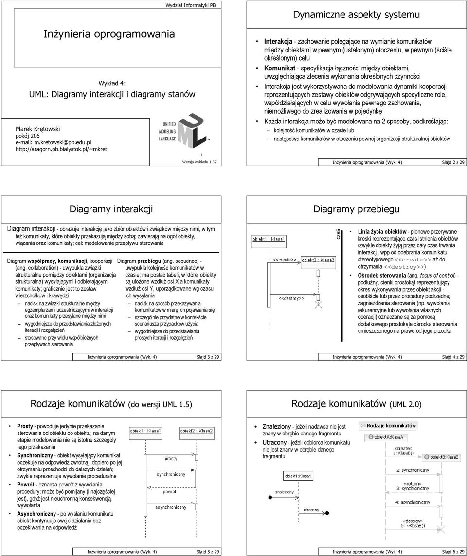 specyficzne role, współdziałających w celu wywołania pewnego zachowania, niemożliwego do zrealizowania w pojedynkę Każda interakcja może być modelowana na 2 sposoby, podkreślając: kolejność