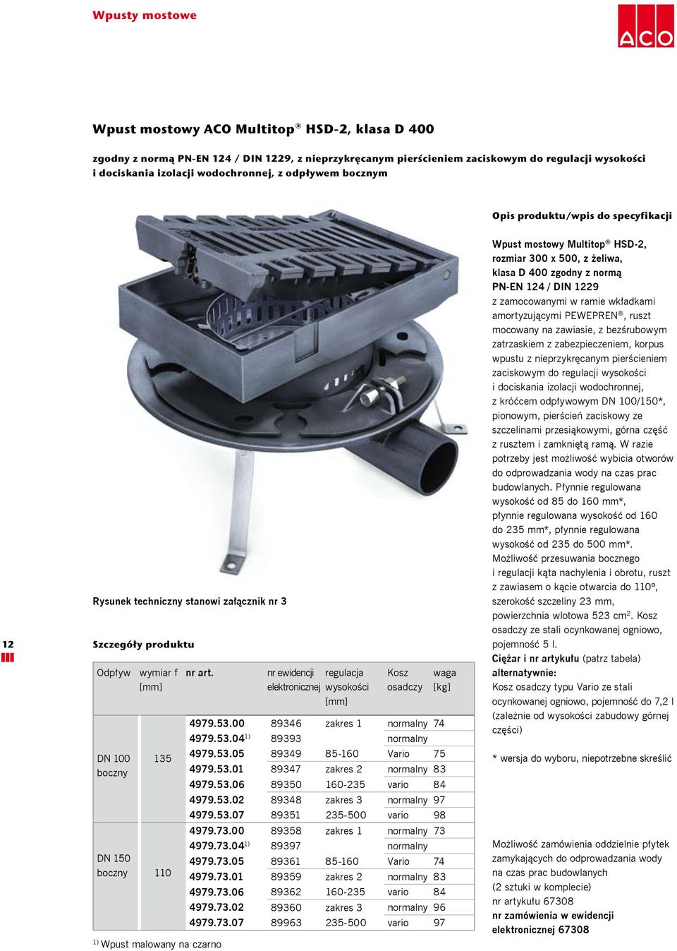 nr ewidencji regulacja elektronicznej wysokości [mm] Kosz osadczy 4979.53.00 89346 zakres 1 normalny 74 4979.53.04 1) 89393 normalny DN 100 135 4979.53.05 89349 85-160 Vario 75 boczny 4979.53.01 89347 zakres 2 normalny 83 4979.