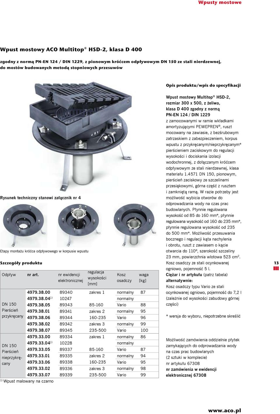 nr ewidencji elektronicznej DN 150 Pierścień przykręcany regulacja wysokości [mm] Kosz osadczy waga [kg] 4979.38.00 89340 zakres 1 normalny 87 4979.38.04 1) 10247 normalny 4979.38.05 89343 85-160 Vario 88 4979.