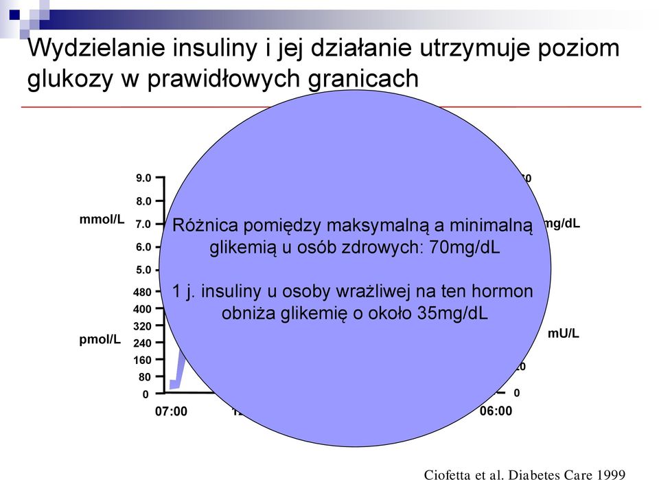 0 480 400 320 240 160 80 0 Poziom glukozy Poziom insuliny 07:00 12:00 18:00 24:00 06:00 Średnie ± 2 SD 160 140 Różnica