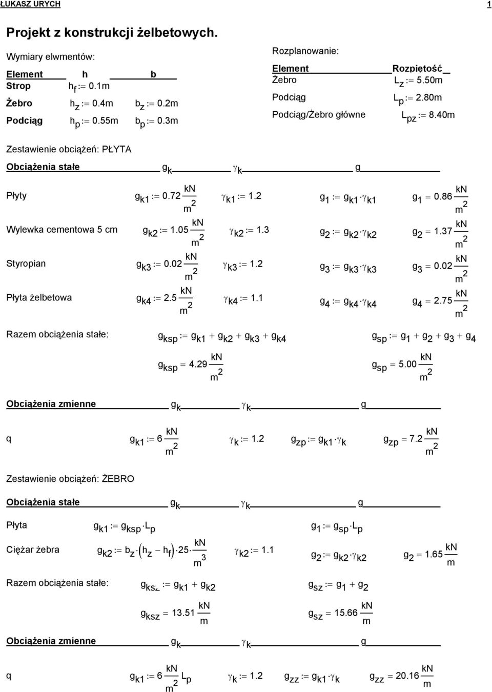 Wylewka cementowa 5 cm g k := 1.05 m γ k := 1.3 Styropian g k3 := 0.0 m γ k3 := 1. Płyta żelbetowa g k4 :=.5 m γ k4 := 1.
