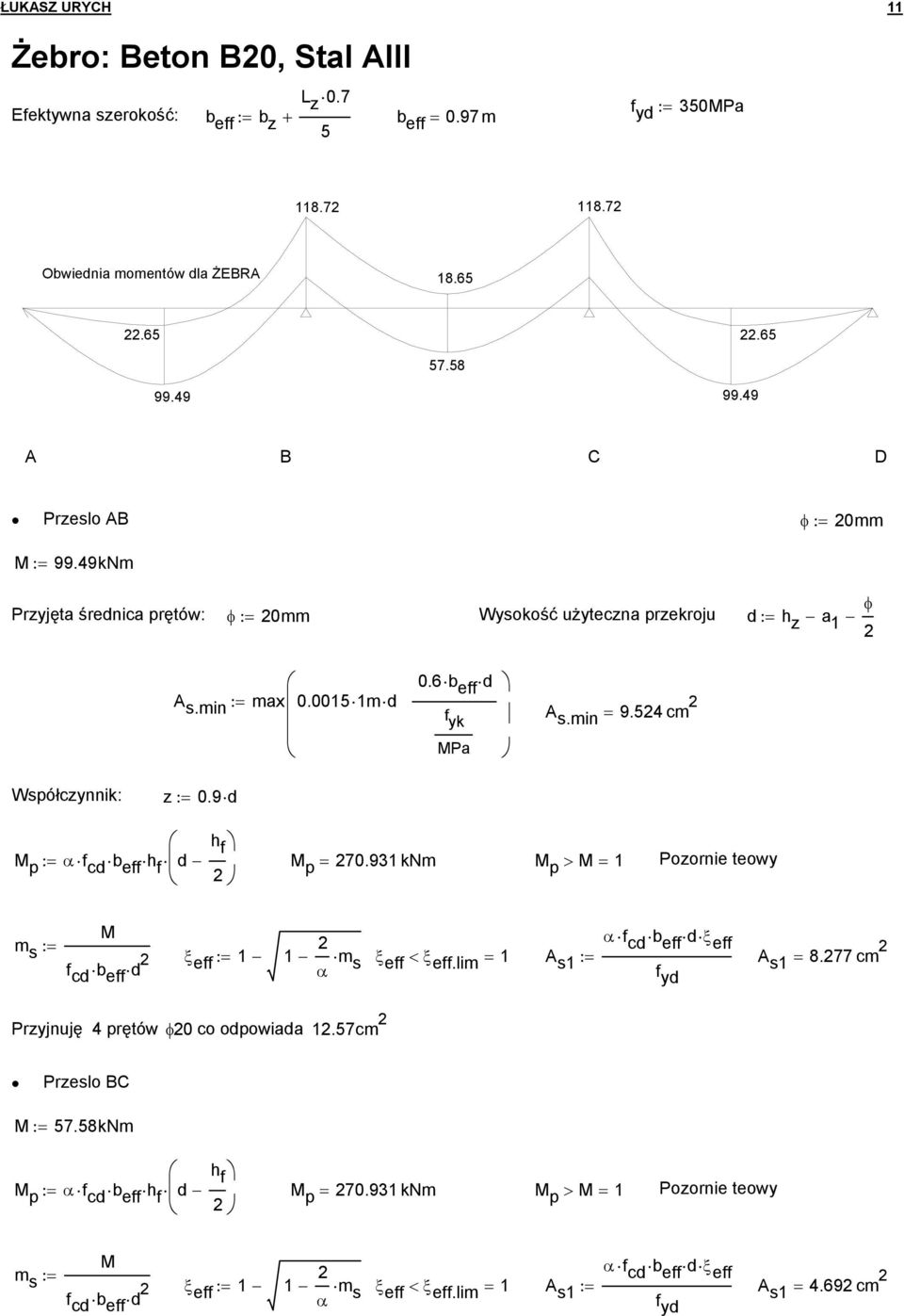 min = 9.54 cm Współczynnik: z := 0.9d p := α f cd b eff h f d h f p = 70.931 m p > = 1 Pozornie teowy f cd b eff d α f cd b eff dξ eff ξ eff := 1 1 f s1 = 8.