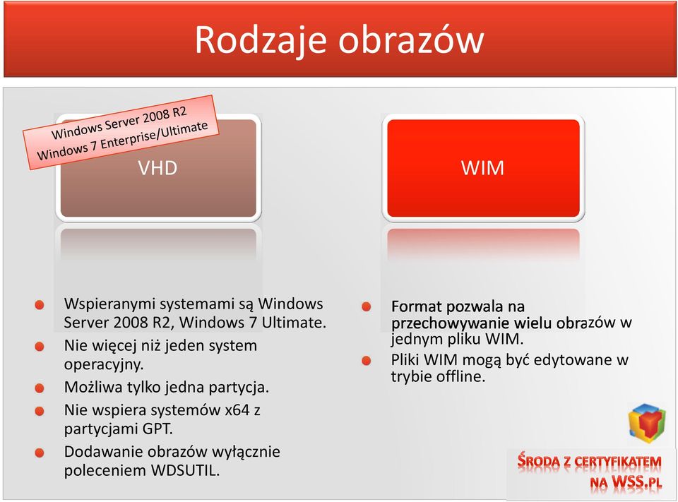 Nie wspiera systemów x64 z partycjami GPT. Dodawanie obrazów wyłącznie poleceniem WDSUTIL.