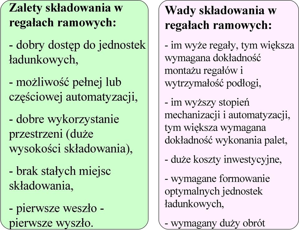 Wady składowania w regałach ramowych: - im wyże regały, tym większa wymagana dokładność montażu regałów i wytrzymałość podłogi, - im wyższy stopień