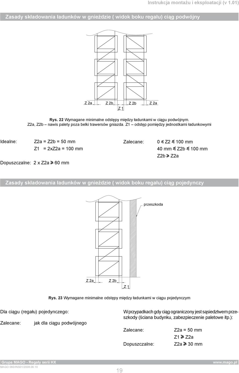 Z1 odstęp pomiędzy jednostkami ładunkowymi Idealne: Z2a = Z2b = 50 mm Z1 = 2xZ2a = 100 mm Dopuszczalne: 2 x Z2a 60 mm Zalecane: 0 Z2 100 mm 40 mm Z2b 100 mm Z2b Z2a Zasady składowania ładunków w