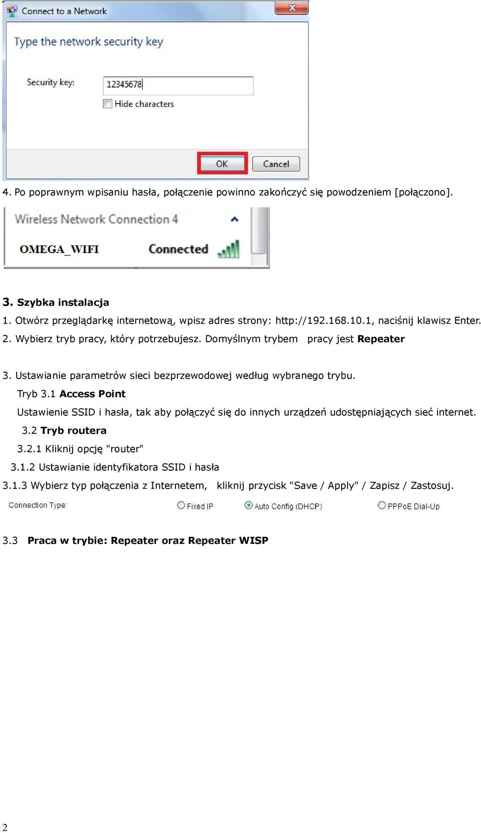 Ustawianie parametrów sieci bezprzewodowej według wybranego trybu. Tryb 3.