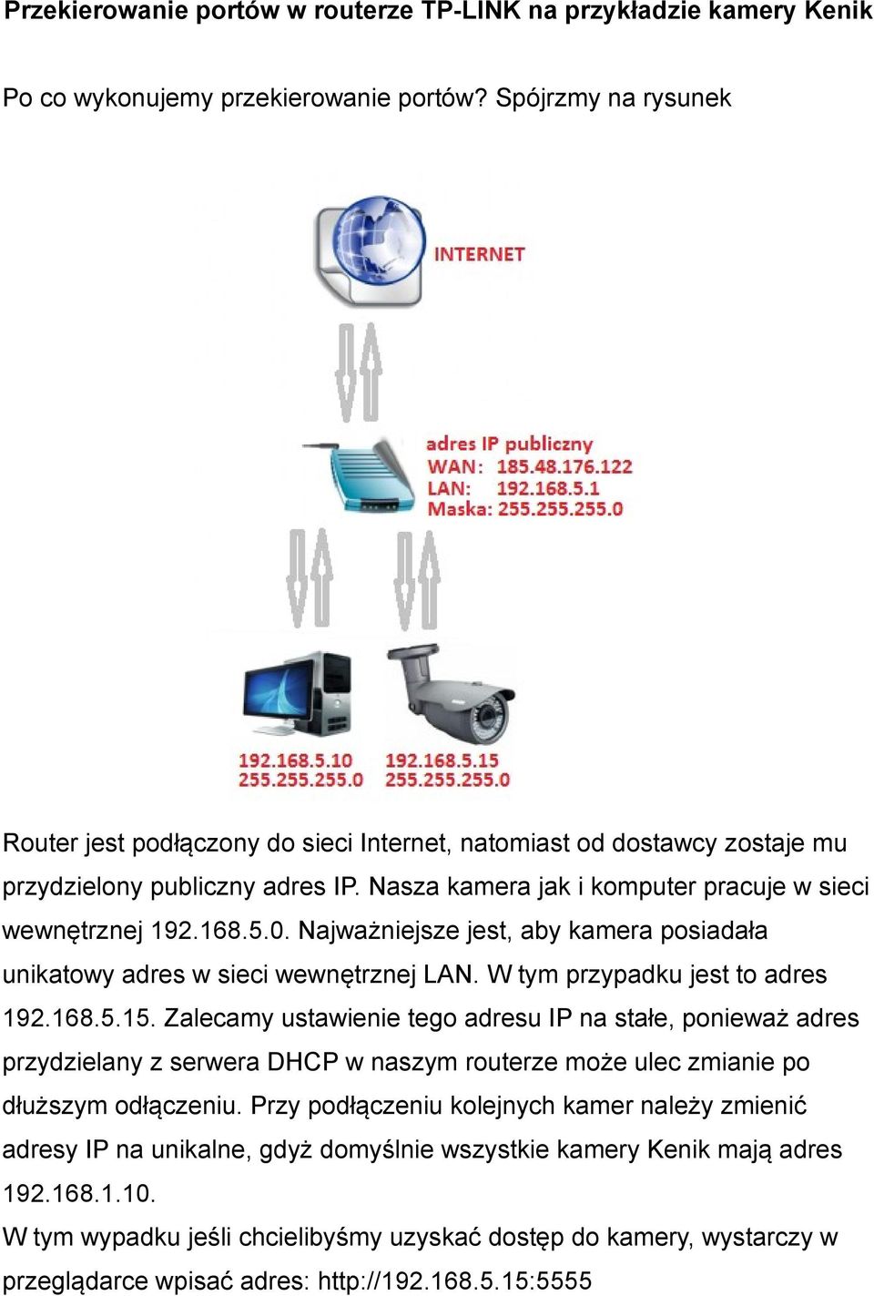 Najważniejsze jest, aby kamera posiadała unikatowy adres w sieci wewnętrznej LAN. W tym przypadku jest to adres 192.168.5.15.