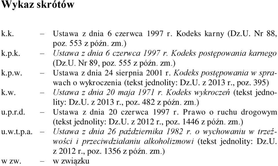 Kodeks wykroczeń (tekst jednolity: Dz.U. z 2013 r., poz. 482 z późn. zm.) u.p.r.d. Ustawa z dnia 20 czerwca 1997 r. Prawo o ruchu drogowym (tekst jednolity: Dz.U. z 2012 r., poz. 1446 z późn.